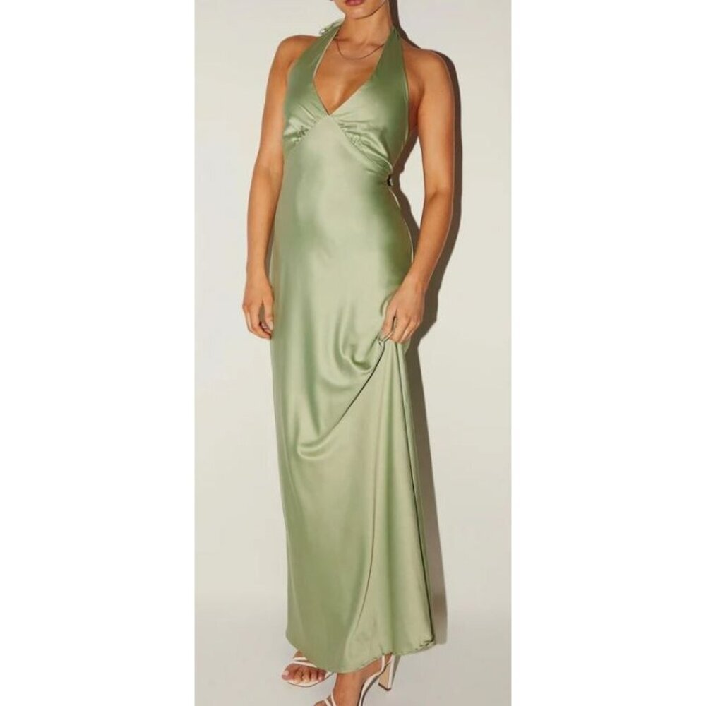 Peppermayo Heavy Hearted Satin Maxi Dress Women Size US 12 NWT Sage Green